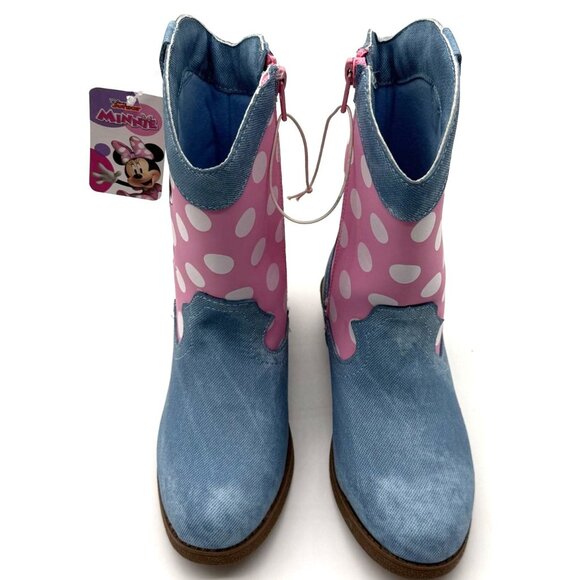 Disney Junior Minnie Mouse Girls Pink Polka Dot & Blue Denim Cowboy Boots Size 1 - Picture 1 of 7